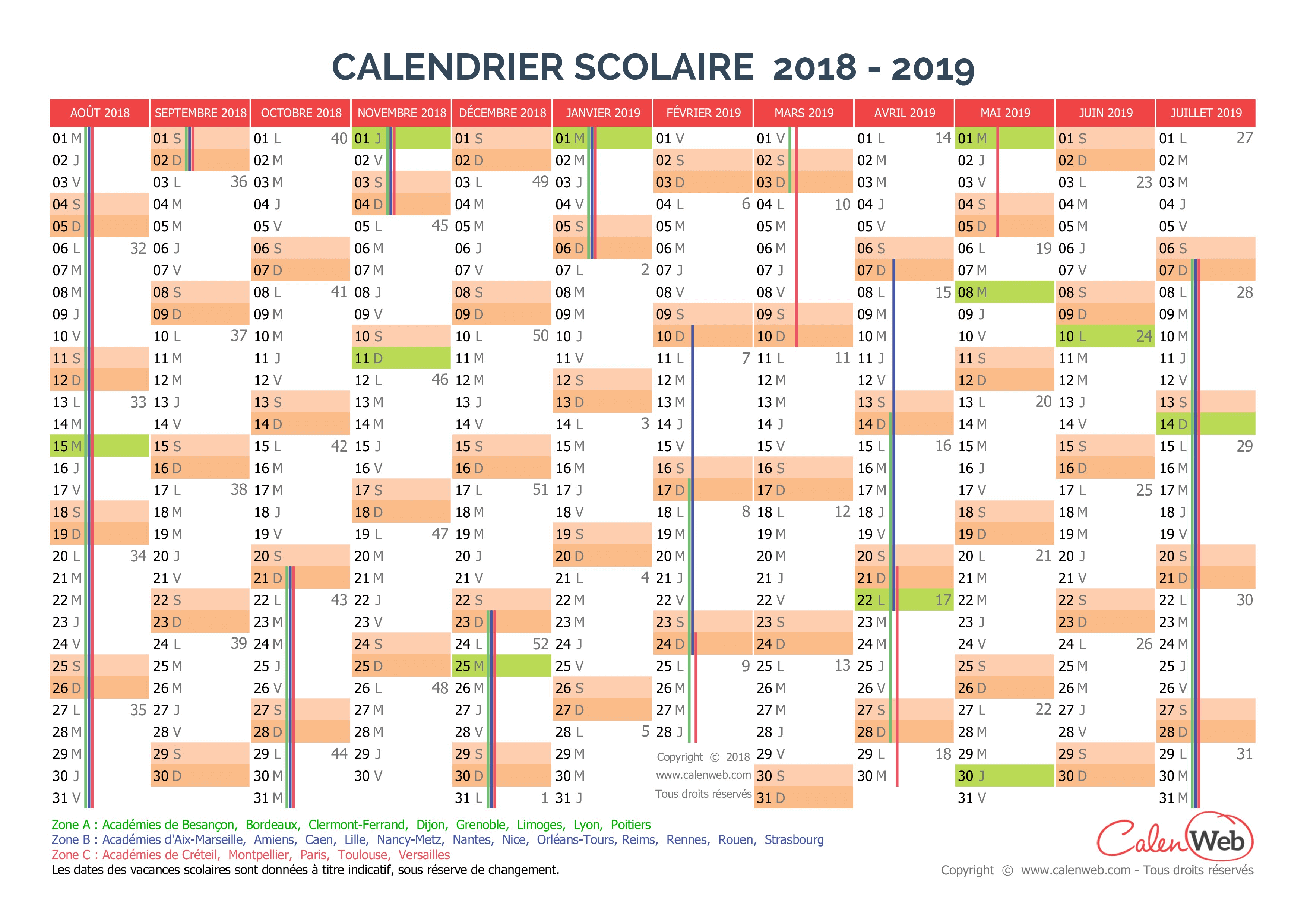 Calendrier Scolaire Pour Les Vacances 2018 2019 à Imprimer