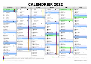 1er semestre du calendrier de 2022 avec vacances scolaires