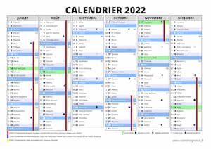 2ème semestre du calendrier de 2022 avec vacances scolaires