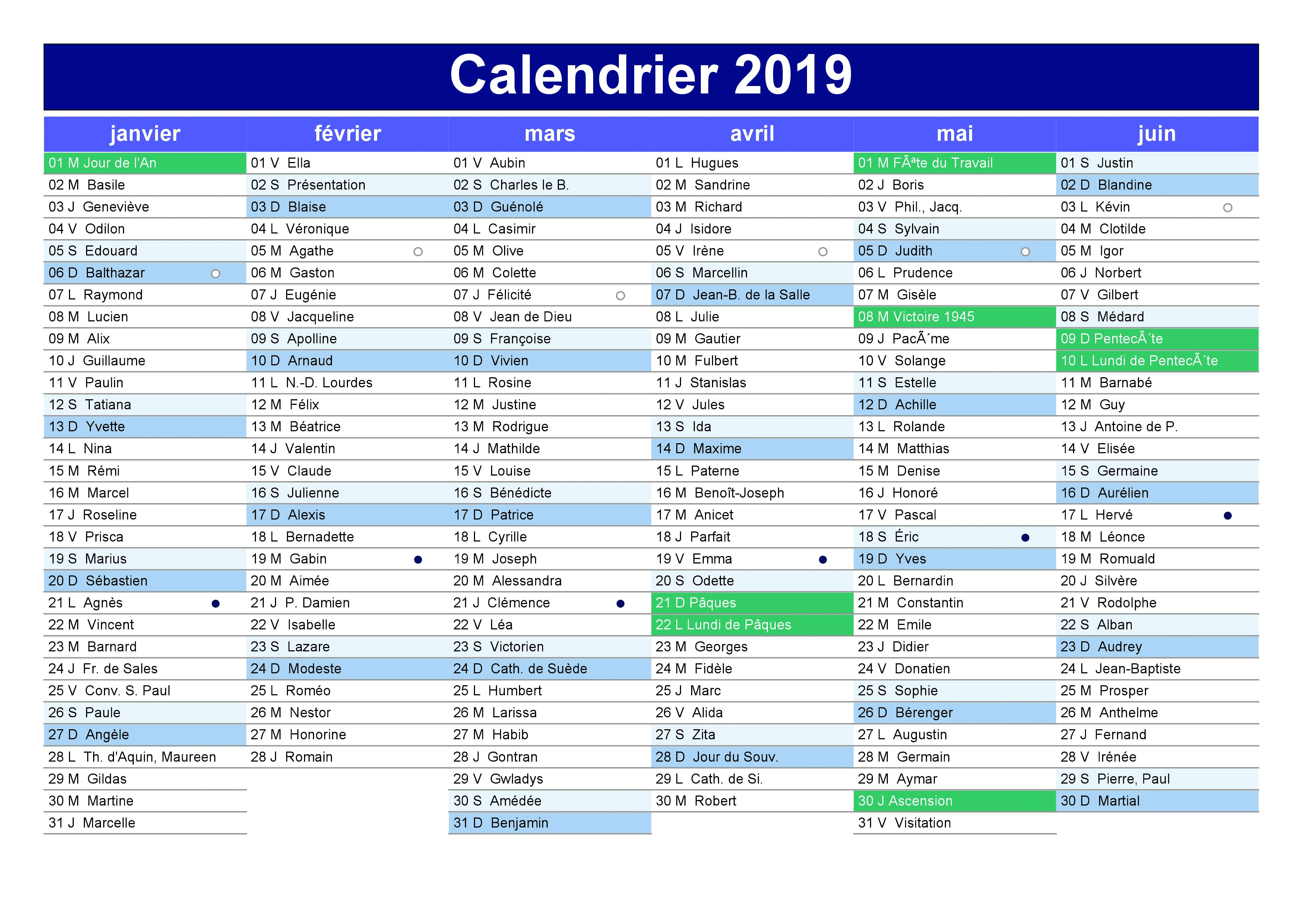 Calendrier 2019 à imprimer (gratuit) : au format PDF | Recettesbox