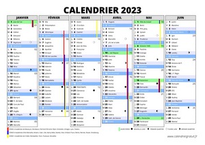 Calendrier 2023 avec vacances scolaires - Excel et PDF - 1er Semestre