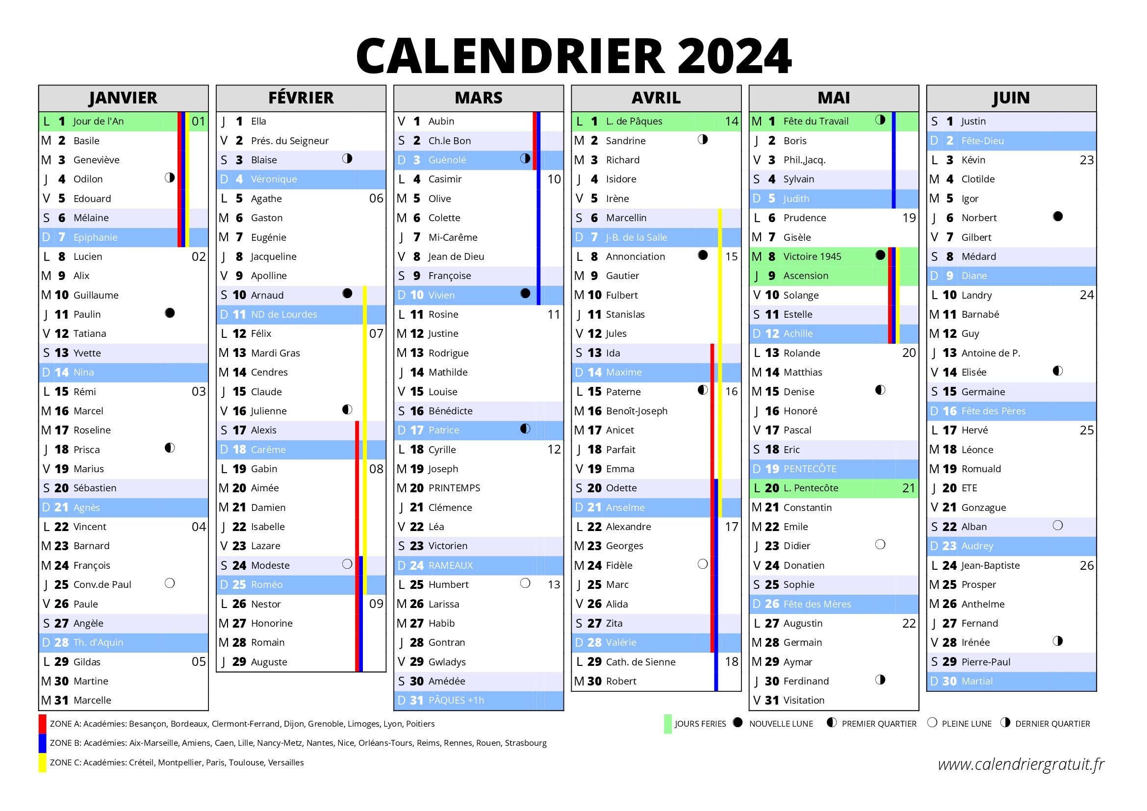 CALENDRIER 2024 PAR MOIS, ANNUEL ET NOEL
