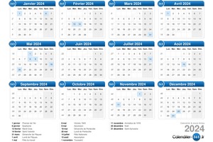 Calendrier annuel du 1er et 2ème semestre 2024 à imprimer avec jours fériés bleu