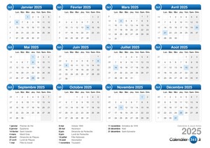 Calendrier annuel du 1er et 2ème semestre 2025 à imprimer avec jours fériés bleu