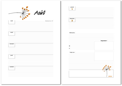 Agenda hebdomadaire de août 2026 imprimable au format A4.