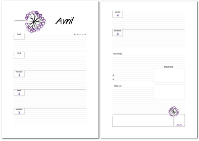 Agenda hebdomadaire de avril 2026 à imprimer au format A4.