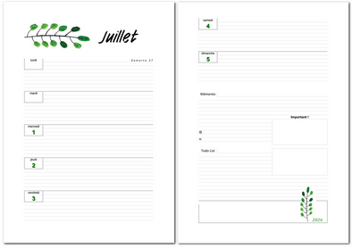 Agenda hebdomadaire de juillet 2026 imprimable au format A4