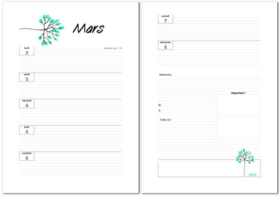 Agenda hebdomadaire de Mars 2026 à imprimer au format A4 et A5.