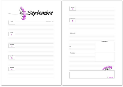 Pages agenda de septembre 2026 à imprimer