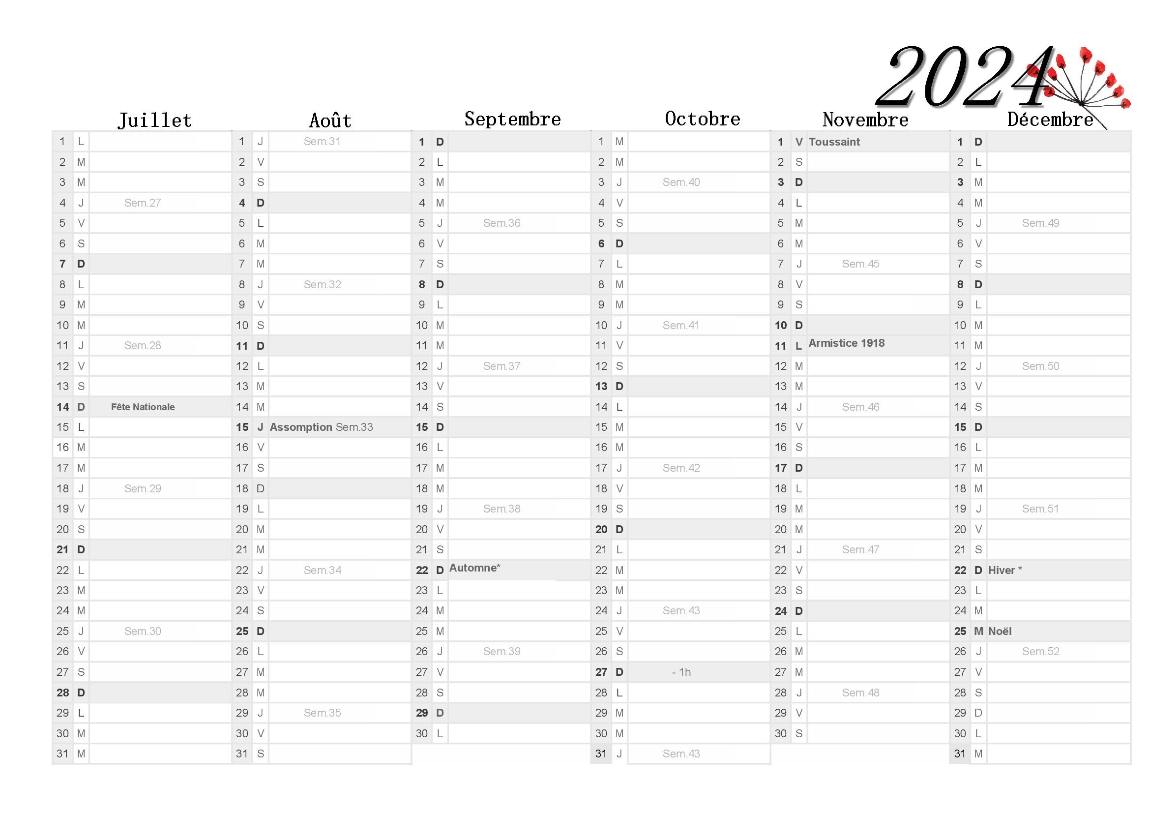 Calendrier 2eme Semestre 2024 à Imprimer Gratuit Calendrier 2024 (gratuit) à imprimer avec les jours fériés - Calendriers A4