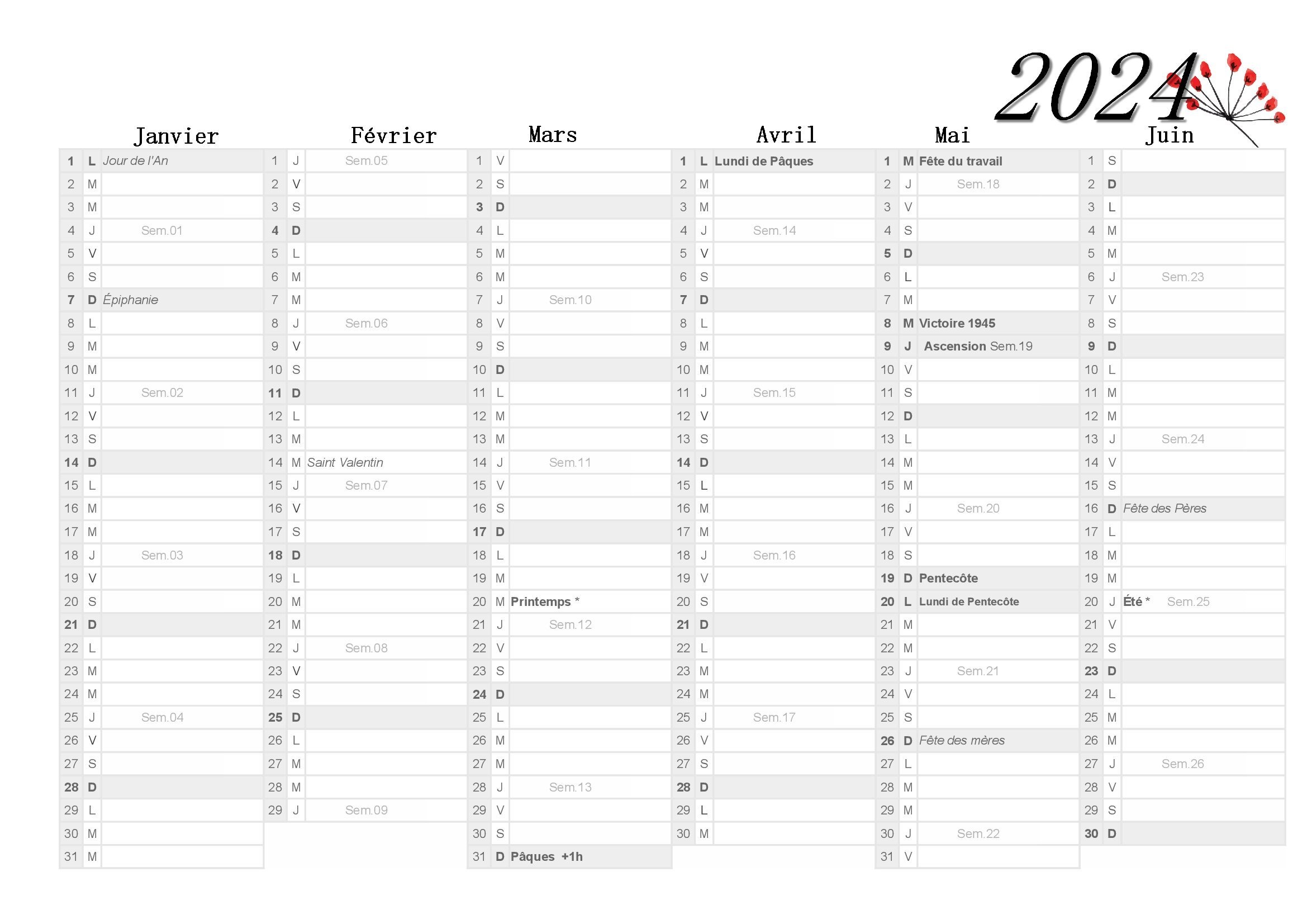 Janvier 2024 calendrier gratuit à imprimer au format A4