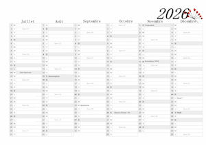 2ème semestre 2026 imprimable avec jours fériés