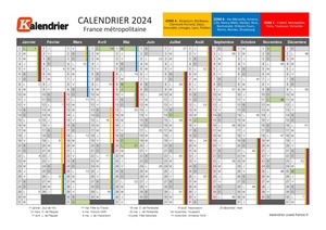 Calendrier annuel du 1er et 2ème semestre 2024 à imprimer avec vacances scolaires