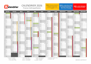 Calendrier annuel du 1er et 2ème semestre 2026 à imprimer avec vacances scolaires