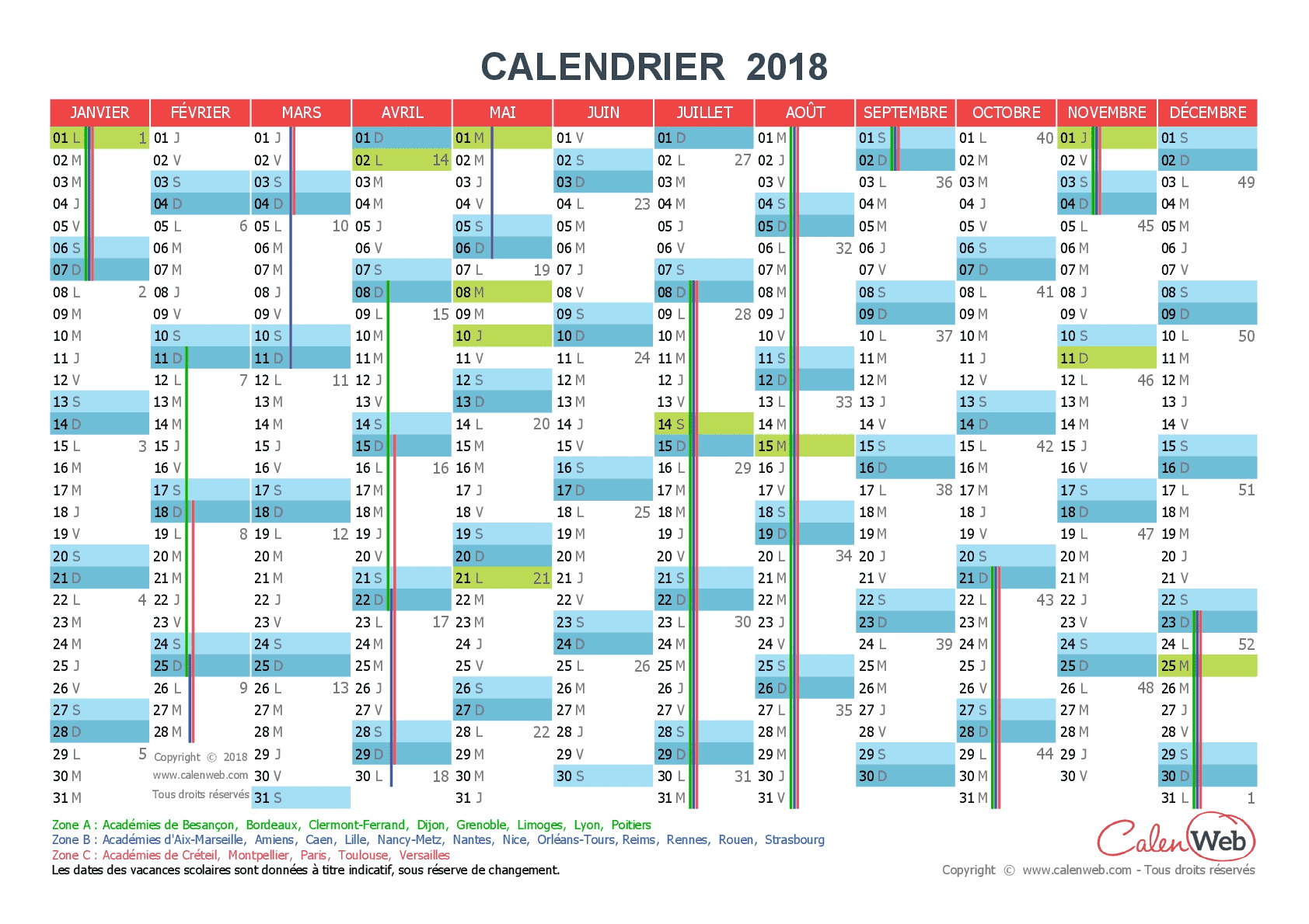 Calendrier 2018 à Imprimer Jours Fériés Vacances Calendriers Pdf