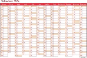 Calendrier annuel du 1er et 2ème semestre 2024 à imprimer avec jours fériés rouge