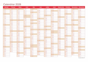 Calendrier annuel du 1er et 2ème semestre 2026 à imprimer avec jours fériés rouge