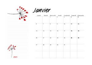 Calendrier du mois de janvier 2025 au format A4 à imprimer en mode paysage.