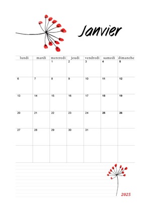 Calendrier de janvier 2025 à imprimer au format A4.