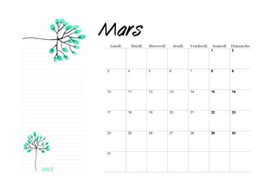 Calendrier de mars 2025 au format A4 à imprimer en mode paysage.
