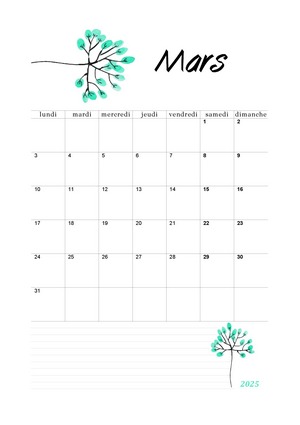 Calendrier de mars 2025 à imprimer au format A4.