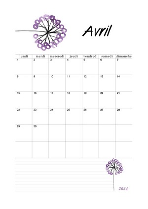 Calendrier d'avril 2025 à imprimer au format A4.