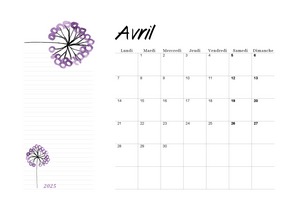 Calendrier de avril 2025 au format A4 à imprimer en mode paysage.