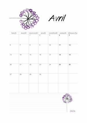 Calendrier avec dessin floral violet !