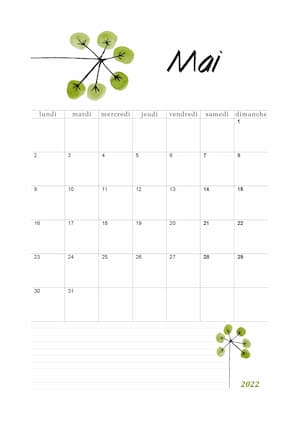 calendrier mensuel de mai 2022 à imprimer - format a4