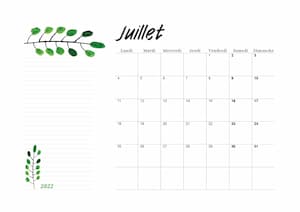 2ème calendrier vierge du mois de juillet 2022 au format A4 en PDF.