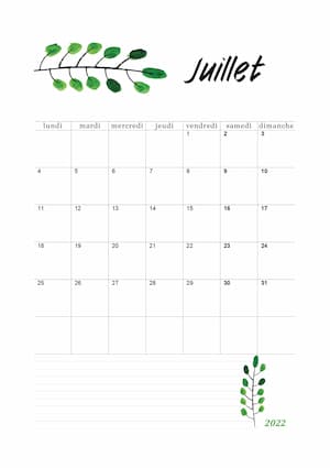 Calendrier juillet 2022 en orientation portrait : calendrier vierge mensuel au format PDF avec motif floral.