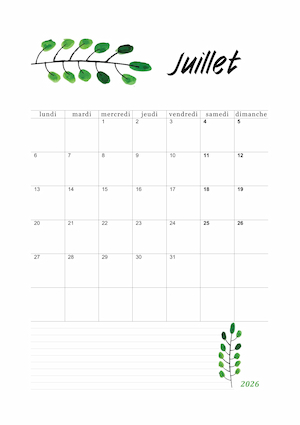 calendrier juillet 2026 imprimable
