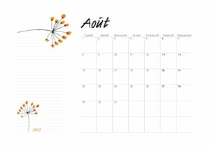 Calendrier floral du Mois de août 2022 en orientation paysage : calendrier vierge mensuel au format PDF.