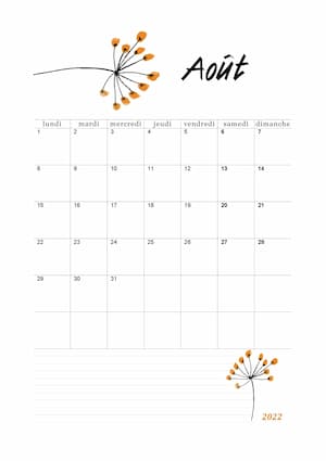 Premier calendrier vierge d'août 2022 en image ou PDF avec motif floral