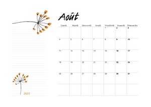 Calendrier pour le mois d'août 2025 à imprimer au format A4 en mode paysage.