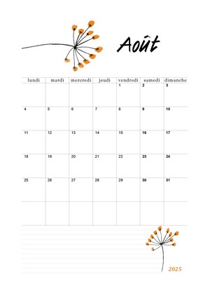 Calendrier d'août 2025 à imprimer au format A4.