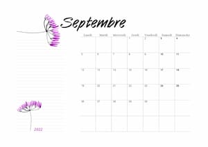 Calendrier floral du Mois de septembre 2022 en orientation paysage : calendrier vierge mensuel au format PDF.