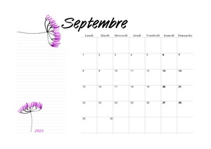 Calendrier de septembre 2025 imprimable