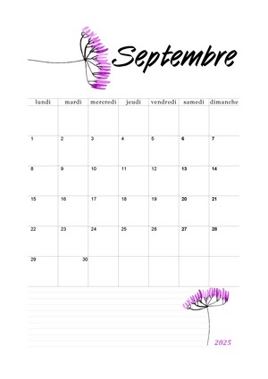 Calendrier de Septembre 2025 à imprimer
