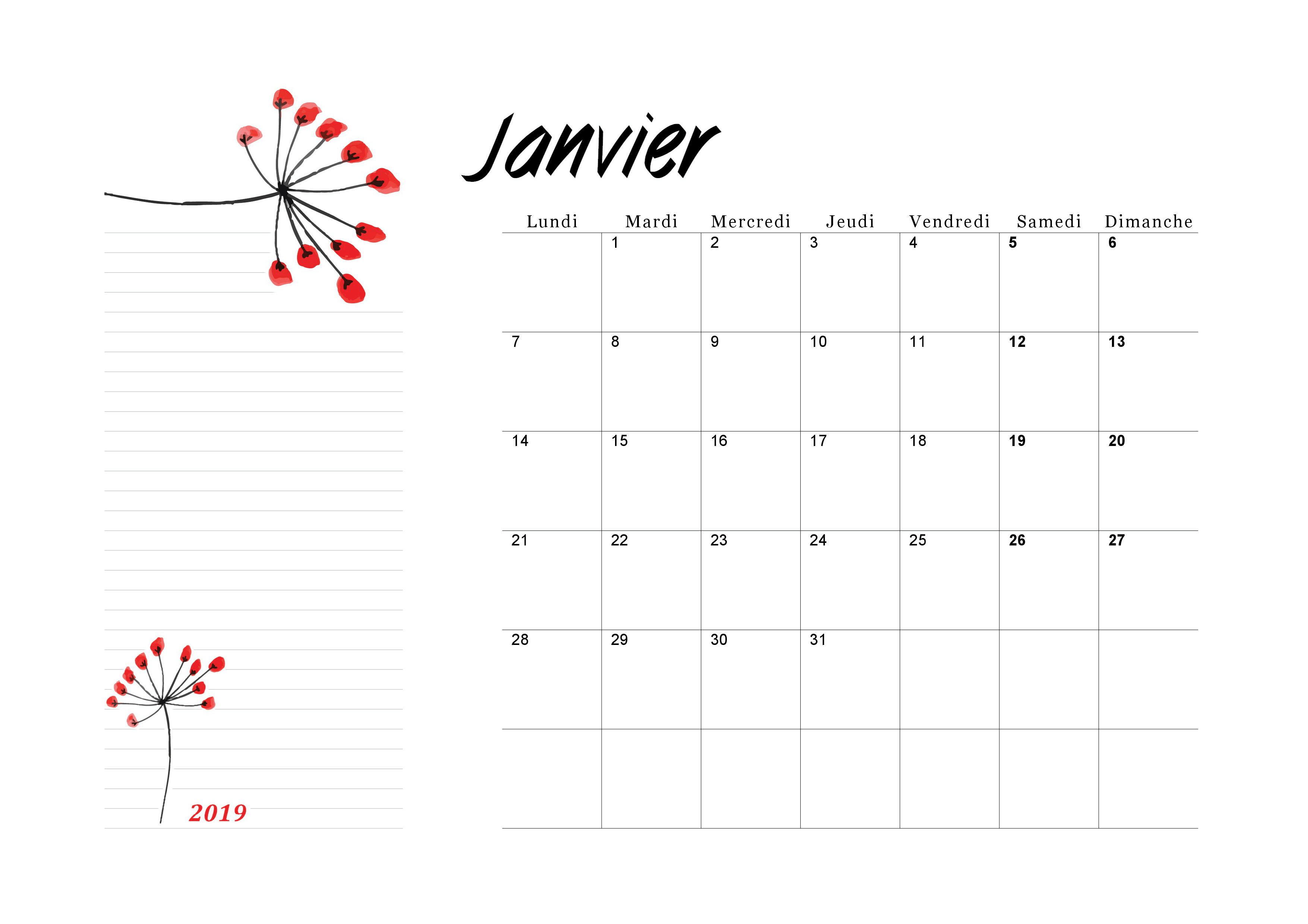 Calendrier Janvier 2019 à imprimer - Calendriers imprimables PDF