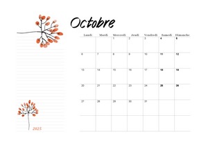 Calendrier de octobre 2025 imprimable