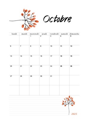Calendrier de Octobre 2025 à imprimer