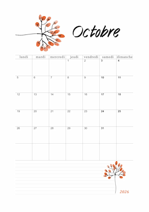 calendrier octobre 2026 imprimable
