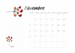Calendrier floral du Mois de novembre 2022 en orientation paysage : calendrier vierge mensuel au format PDF.