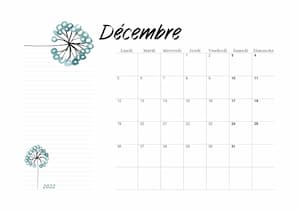 Calendrier floral du Mois de decembre 2022 en orientation paysage : calendrier vierge mensuel au format PDF.