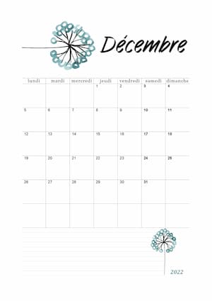 Calendrier decembre 2022 en orientation portrait : calendrier vierge mensuel au format PDF avec motif floral.