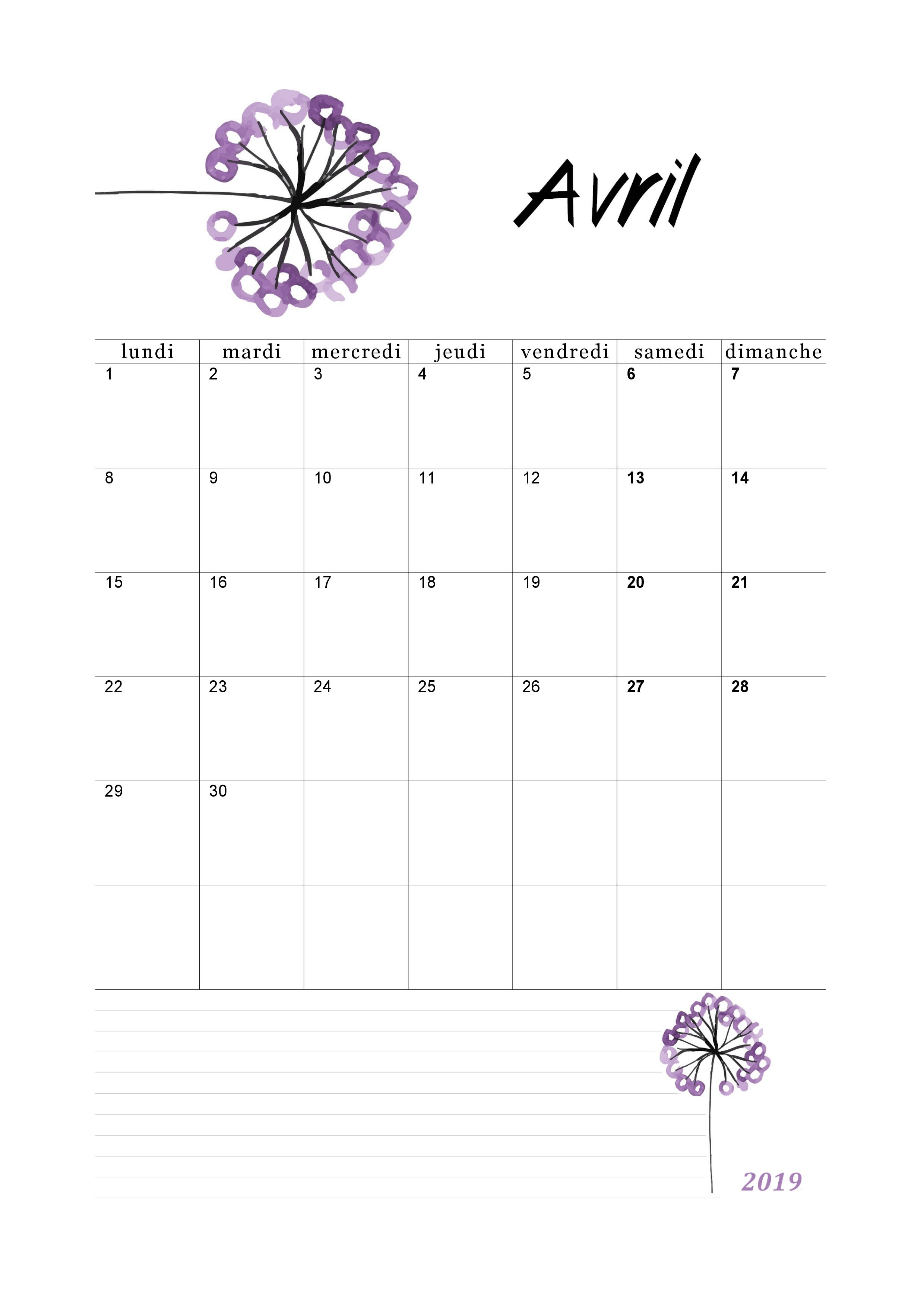 Calendrier avril 2019 à imprimer - calendriers imprimables
