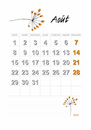 Calendrier vierge d'août 2022 en image ou PDF avec motif floral et dates à entourer.