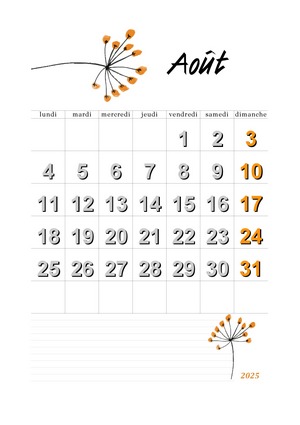 Calendrier d'août 2025 à imprimer au format A4 en mode portrait.