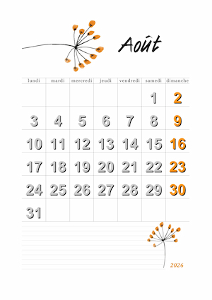 calendrier du mois de août 2026